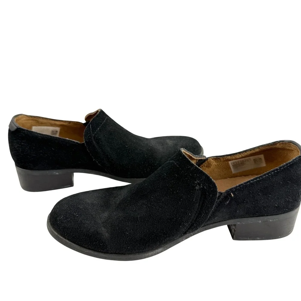 TOMS Shaye Black Suede Slip On Booties Block Heel Womens Sz 8 Minimalist Casual